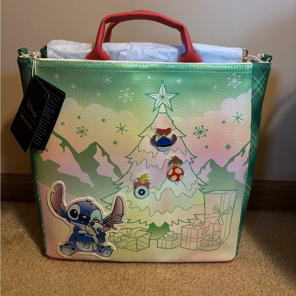Loungefly Disney Stitch and Scrump Holiday Pin Trading Crossbody Tote Bag